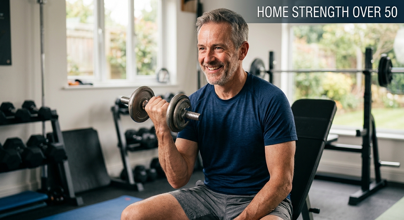 AI generated image from Gemini. Man in his 50s lifting a dumbbell, wearing a green tee shirt and sitting on a bench with a smile